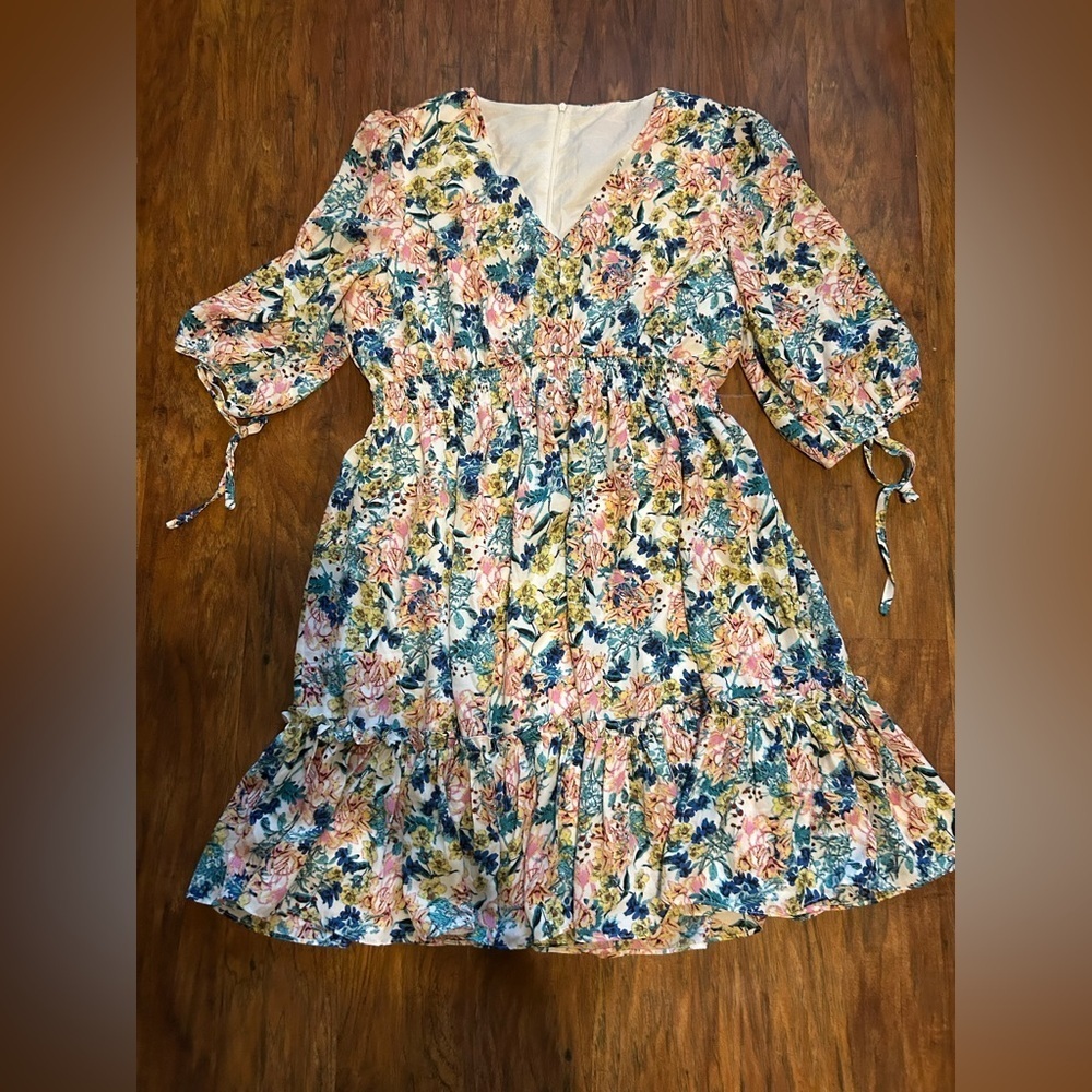 V-Neck Fit & Flare Midi Dress with a Floral Print in Pastel Colors Feminine